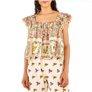 Farm Rio Delicate Forest Scarves Squareneck Embroidered Ruffle Blouse